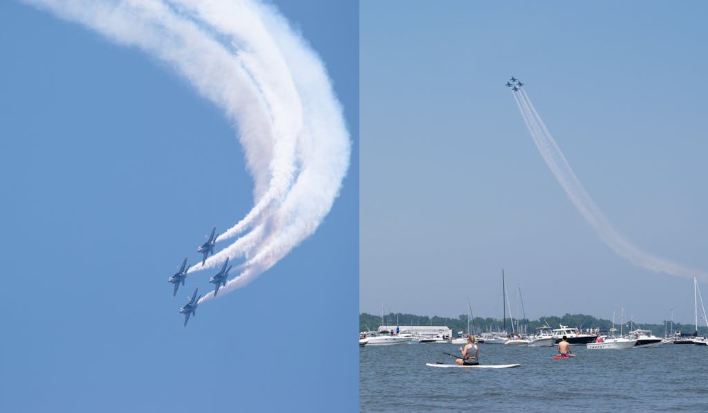 Left: Four United States Navy "Blue Angel" fighter jets in formation mid flight. Right: Same formation of jet planes over the Severn river