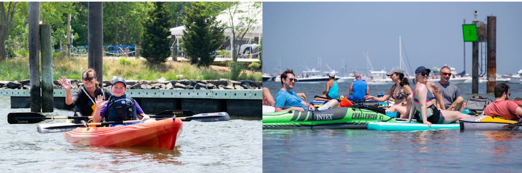 Left: A mother and son share a double kayak. Right: People on kayaks and paddle boards float on top of the Severn river.