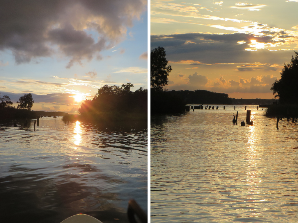 Two images, left and right, of sunsets over the South River