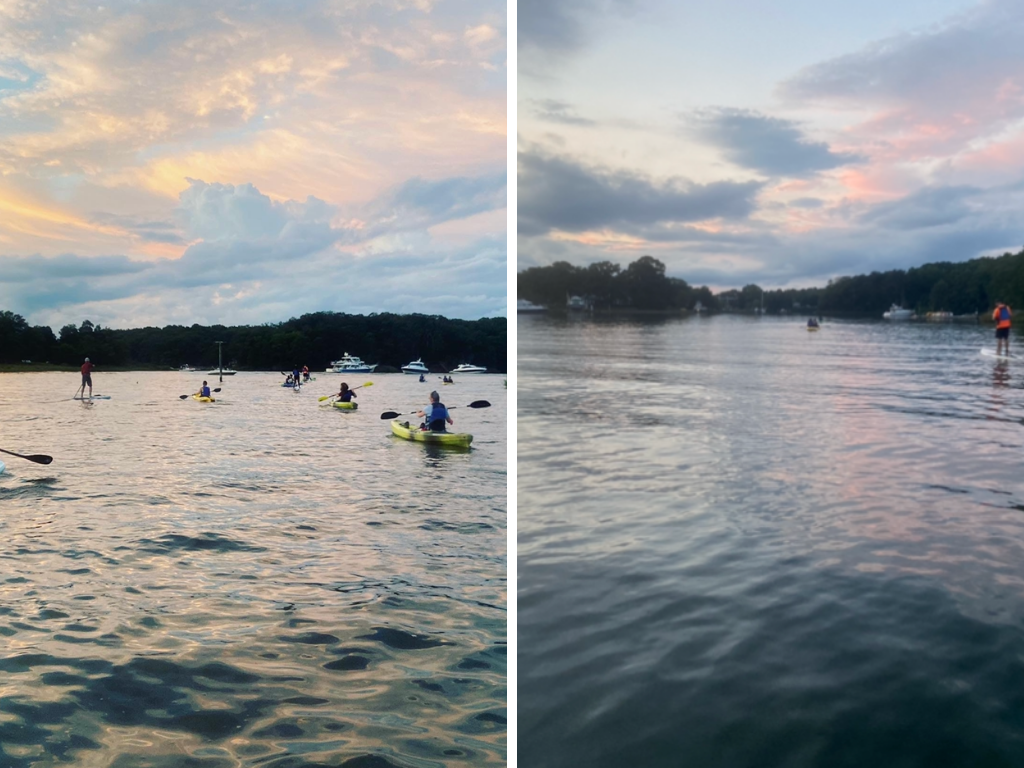 Two images. Left: a group of kayakers on the South River. Right: a picture of smooth water on the South River.