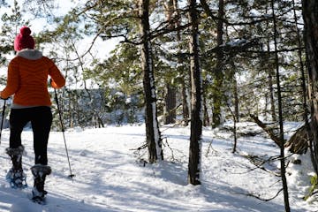 a person is cross country skiing in the snow