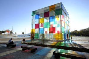 a close up of a colorful building