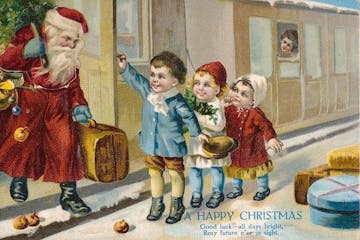 a cartoon painting of Santa and three children