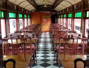 Inside view of the empty dining train car.