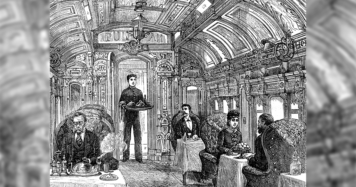 The cars of the Pacific Railroad. The dining car, vintage engraved illustration. Journal des Voyages, Travel Journal, (1879-80).