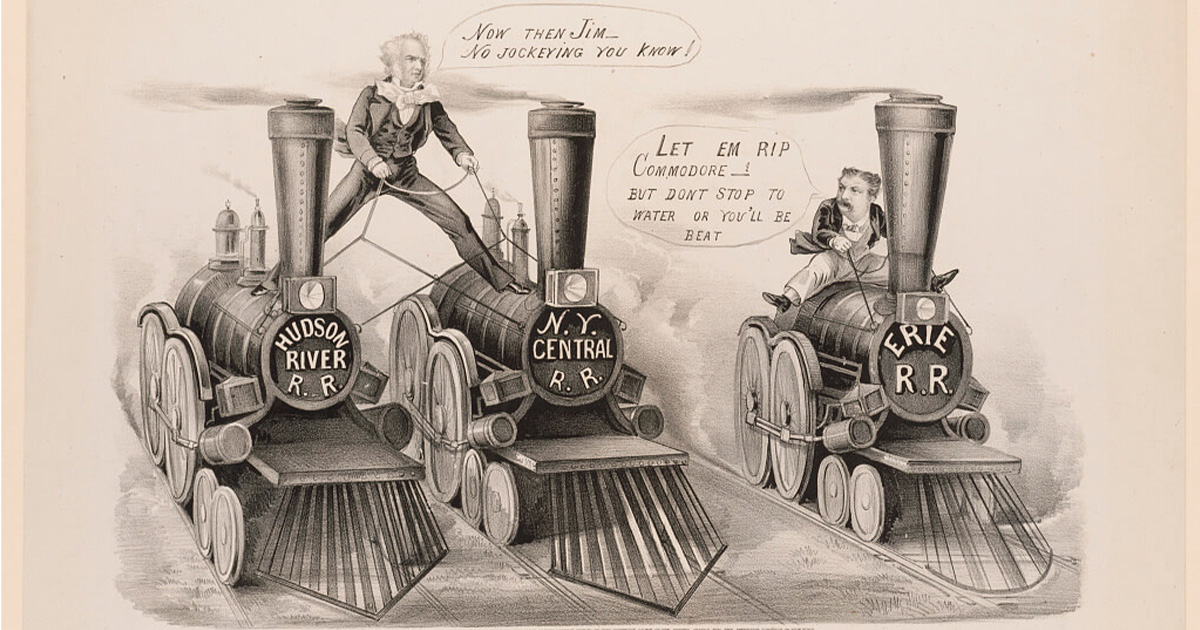 Old political cartoon showing the competition between railroad tycoons.