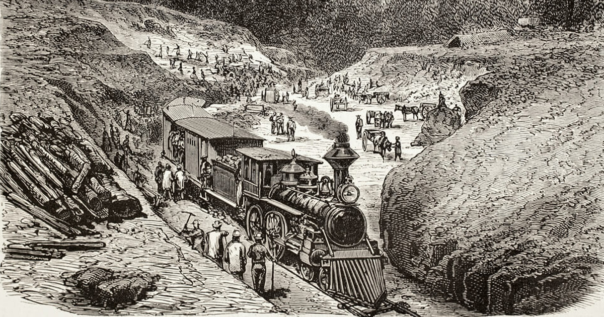 A vintage photo of a cartoon train scene.