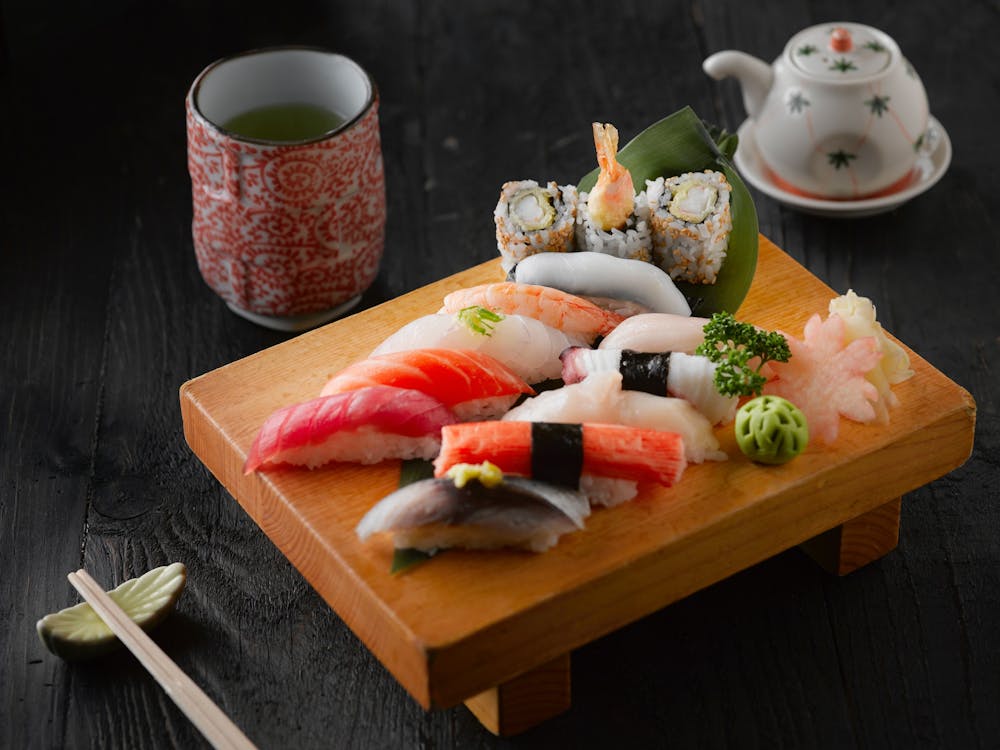 sushi on a wooden table