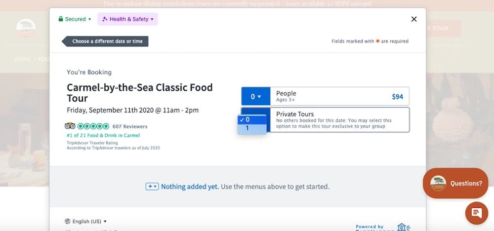 Screenshot of Carmel Food Tours private tours up-sell in booking funnel
