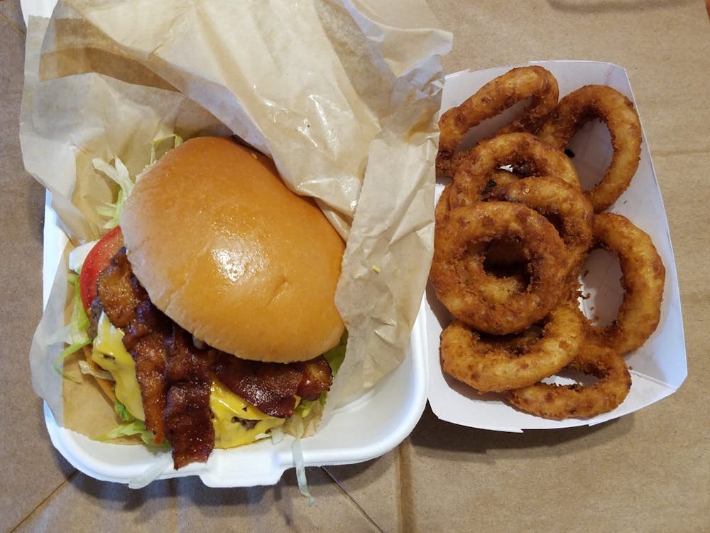 Burger By Day Bacon Cheeseburger and Onion Rings