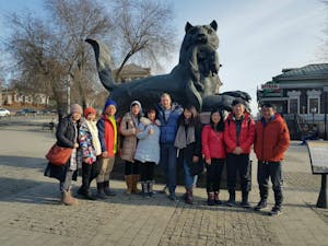 tourists during the tour of Irkutsk lake Baikal winter tour