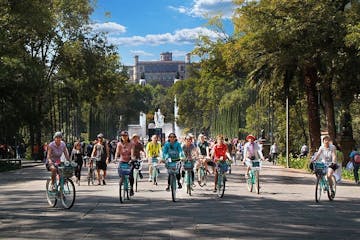 a group of people riding bikes on a city street