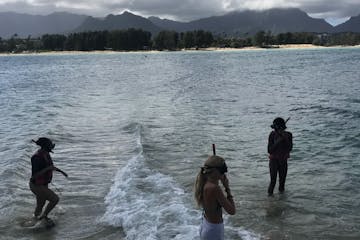 a group of people standing next to a body of water