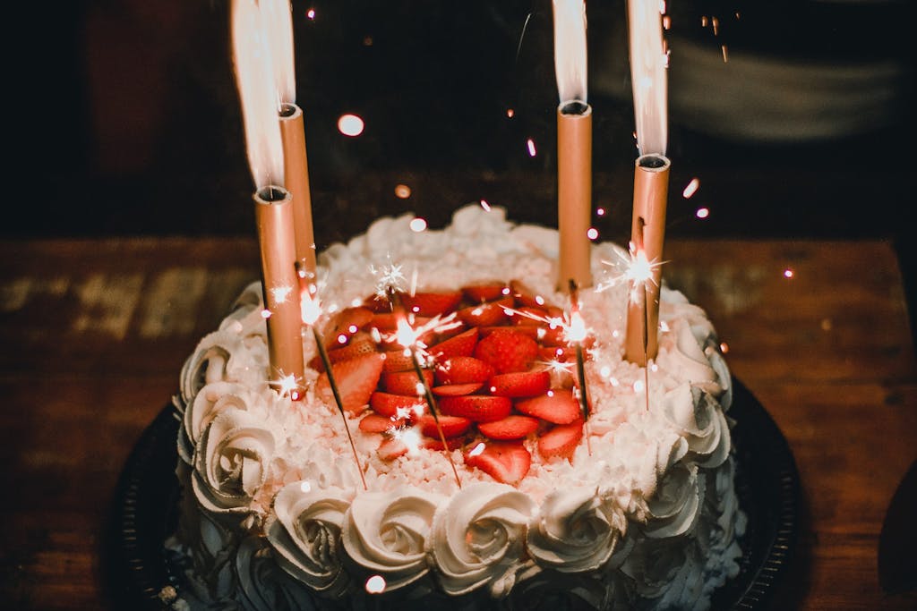 A birthday cake with birthday candles