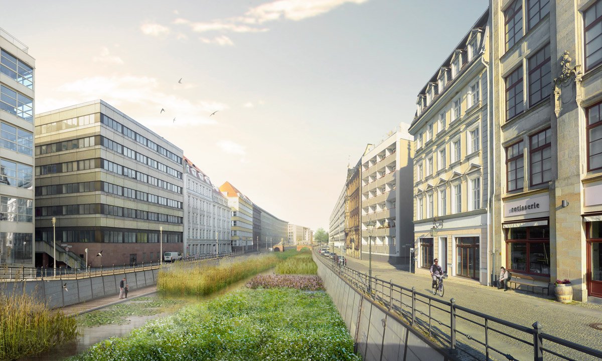 Auf Höhe des Außenministeriuims entlang der Friedrichsgracht ist der Filterbereich des Flussbad Berlin geplant.