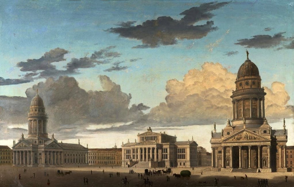 Noch mal Carl Hasenpflug, aus dem Jahr 1822. Der Gendarmenmarkt selbst sieht heute fast wieder genauso aus, wenn man mal die umstehenden Gebäude außer Acht lässt.