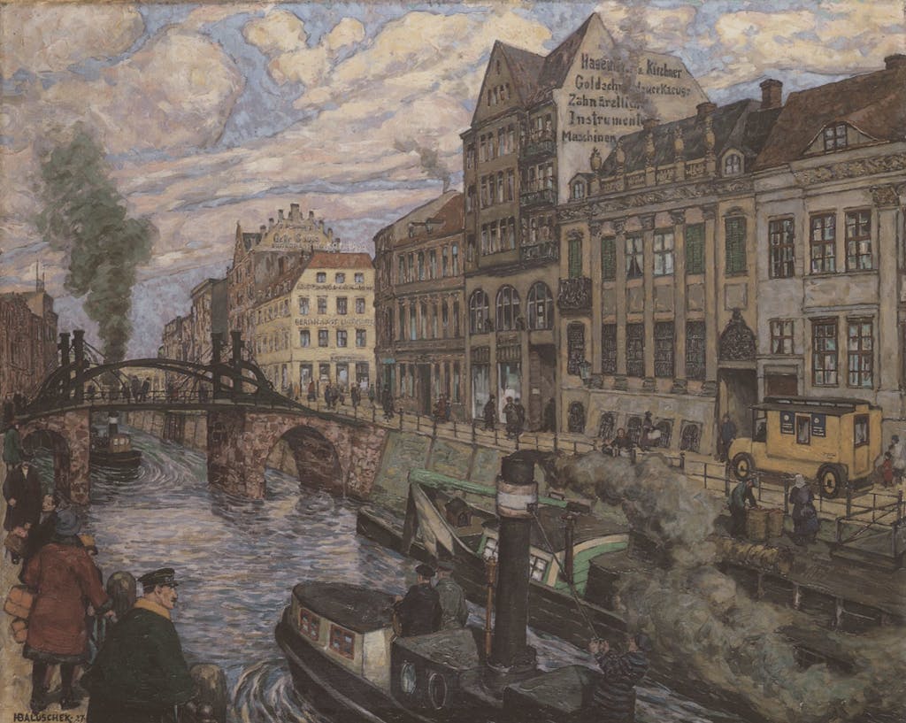 Über 30 Jahre später malte HAns BAluschek dieses Gemälde der Friedrichsgracht mit der Jungfernbrücke, der ältesten noch erhaltenen Brücke in Berlin.
