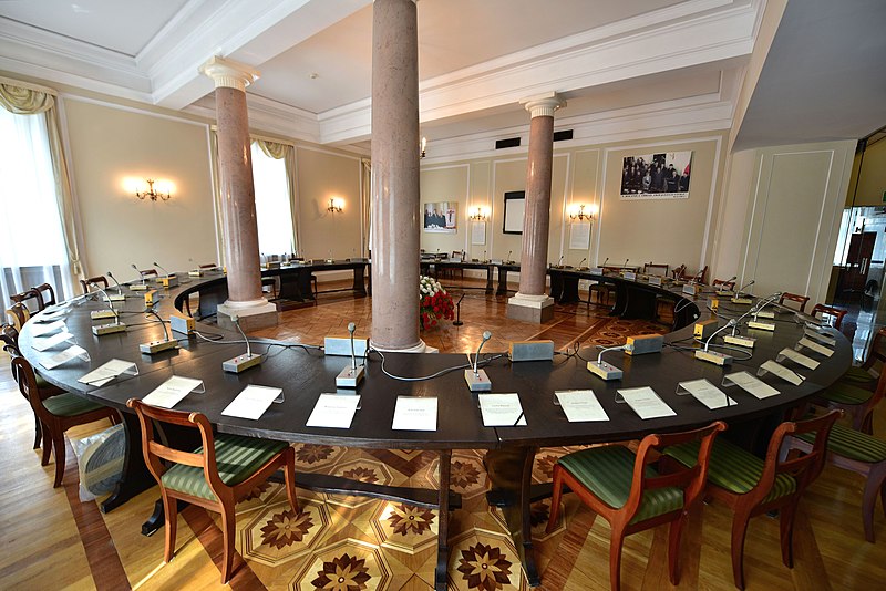The Round Table displayed in the Round Table Hall at the Presidential Palace in Warsaw