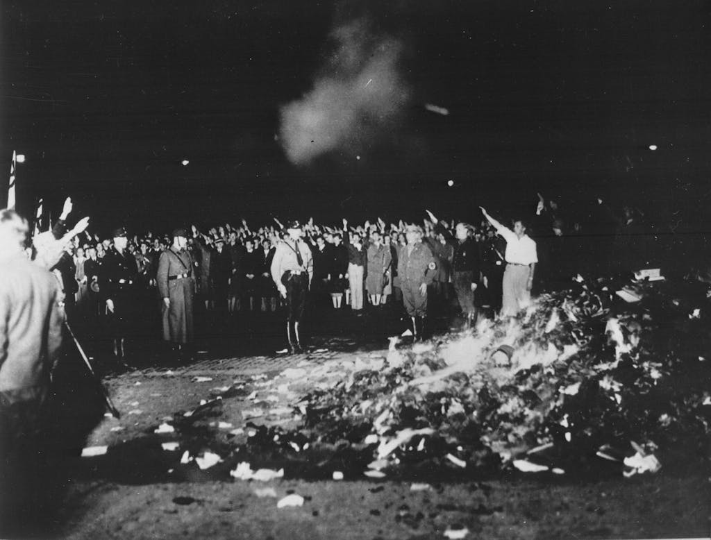 a Nazi crowd buring books on Bebelplatz Berlin in May 1933
