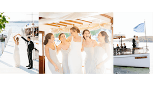Collage of three photos from the Hickey Wedding on the Polaris. Bridal party laughing in the middle, groom spinning bride on the left, bride and groom on bow of the Polaris on the right.