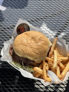 a close up of a sandwich and fries on a table