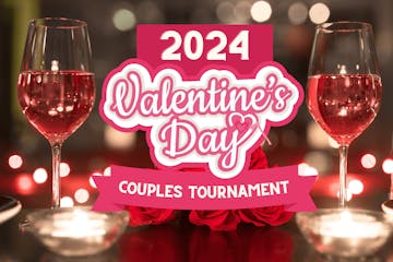 Valentine's Day Couples Tournament logo with pink wine glasses and roses