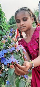 a close up of a girl holding a flower