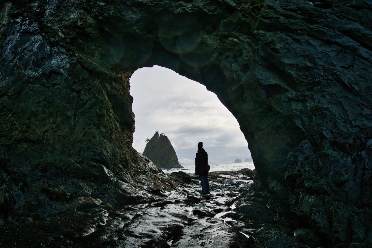 Person standing at the entrance of a cave called Hole in the Wall on a 2-Day Olympic National Park Tour with Tours Northwest