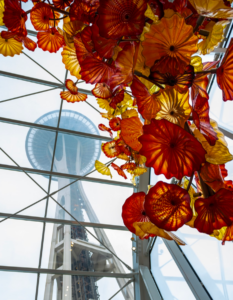 Chihuly Glass installation with the Seattle Space Needle in the background