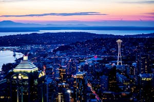 Seattle Skyline View at sunset with Space Needle and water in the background