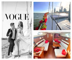 romantic boat ride nyc photos of bridal couple and sailboat with red roses
