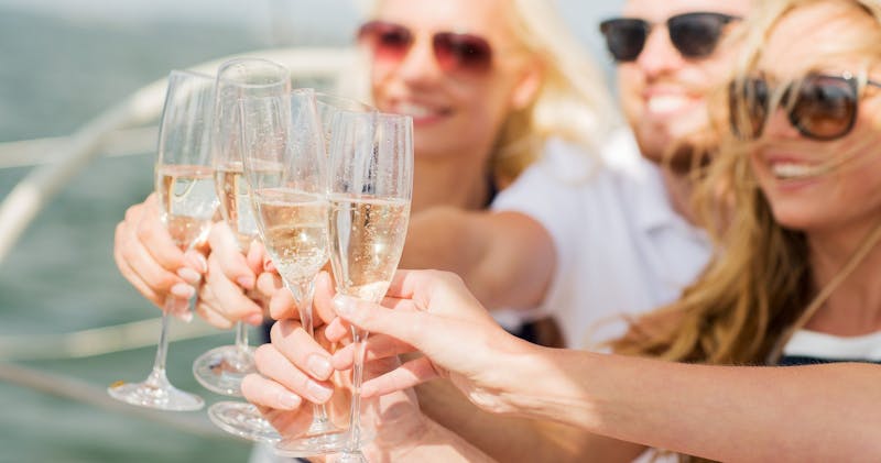 friends making a champagne toast during a NYC brunch cruise