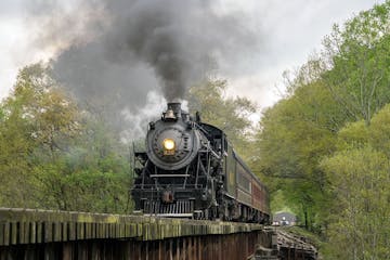 a steam engine train traveling down train tracks near a forest
