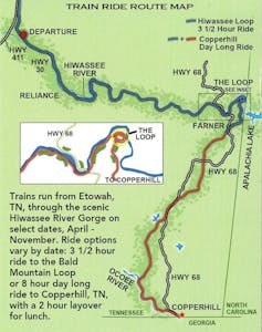 Hiwassee River Rail Adventure from Tennessee Valley Railroad Museum - Train Ride Route Map for Hiwassee Loop and Copperhill Special