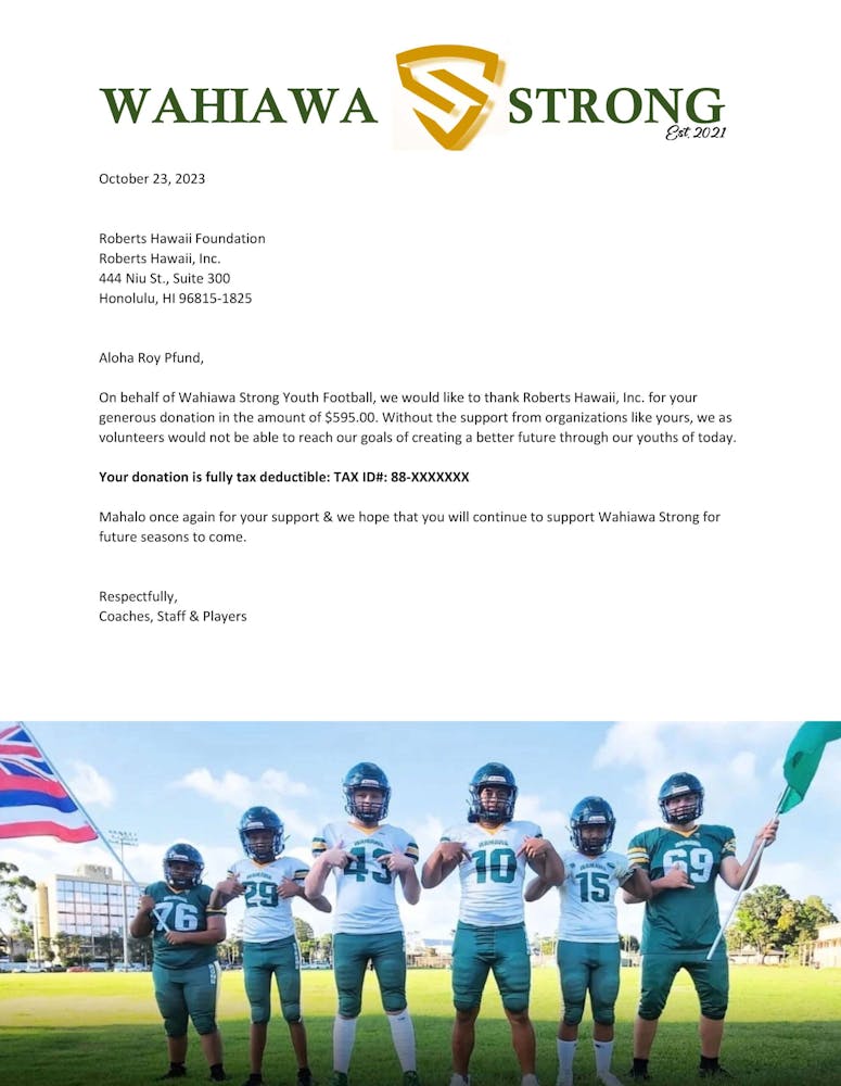 Mahalo Letter from Wahiawa Strong Youth Football