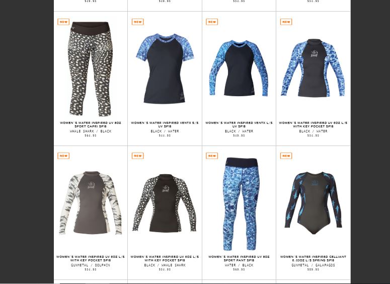 Screen shot of Xcel online shop for rash guards and wet suit gear to prevent chaffing and rashes when scuba diving.