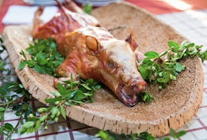a suckling pig on top of a plate of Portuguese food