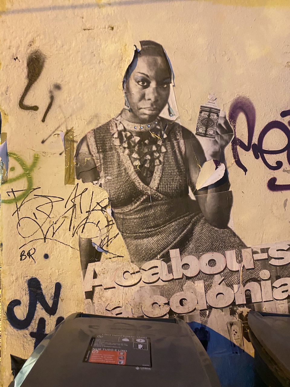 an old photo of Nina Simone on a wall in Lisbon