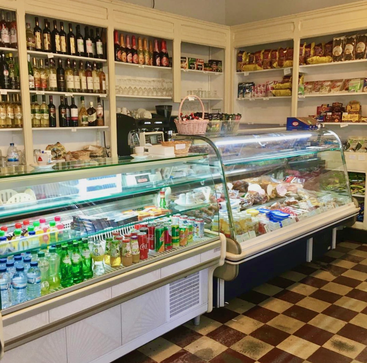 a store shelf filled with food