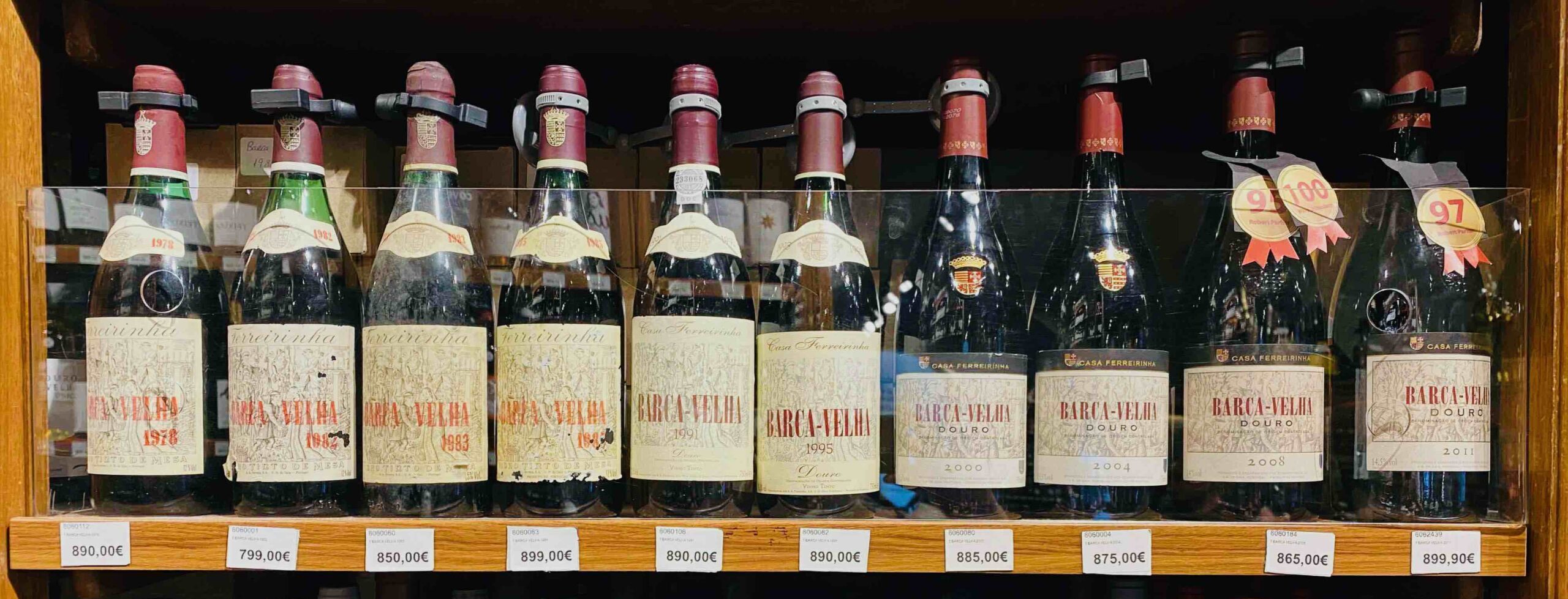 a row of wine glasses on a shelf