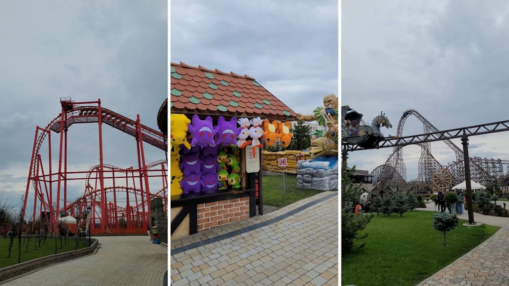 A collage of photos from the Energylandia theme park. Rollercoasters and souvenir stalls are visible. Trip organised by SeeKrakow.