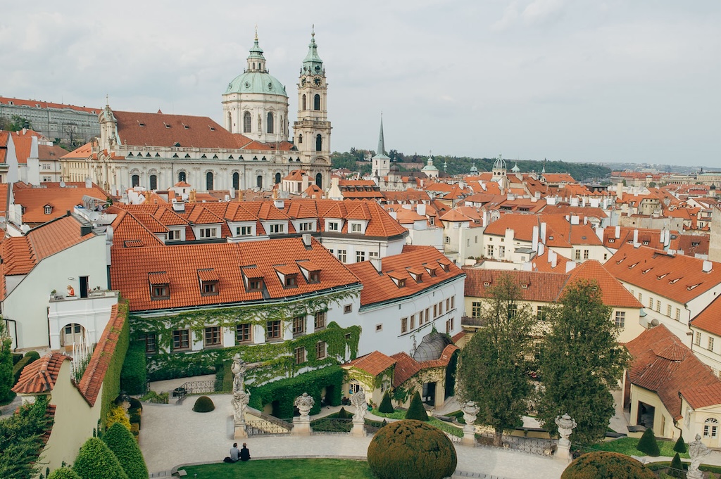 a view of the Lesser Town of Prague from the historic Vrtba Garden