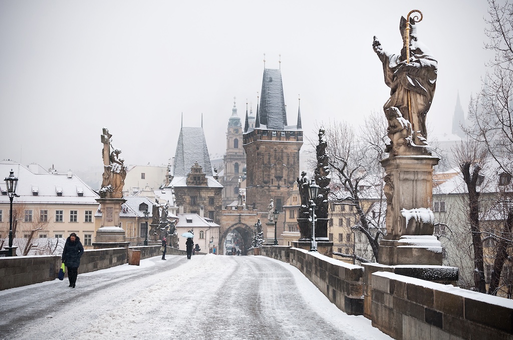 Prague's Charles Bridge covered by snow