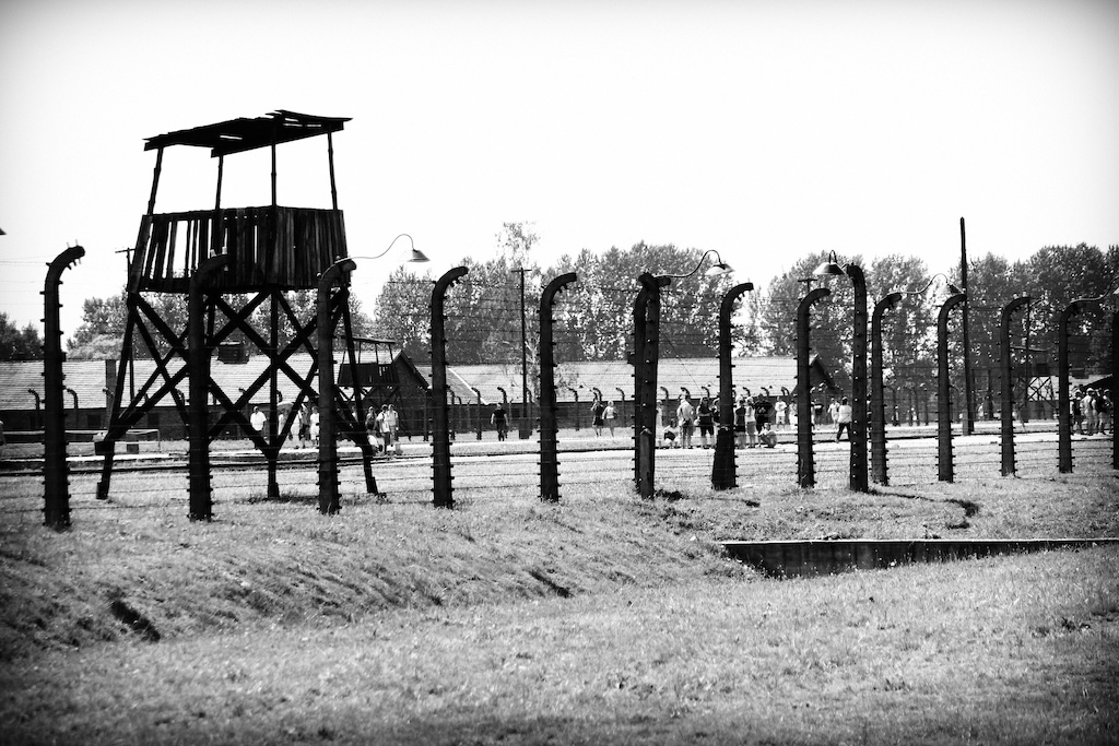 a b&w picture of the exteriors of a concentration camp