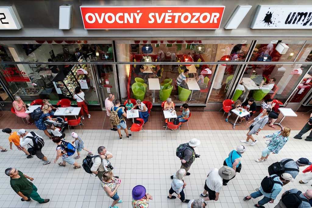 in front of the popular deli Ovocny Svetozor located in the New Town of Prague