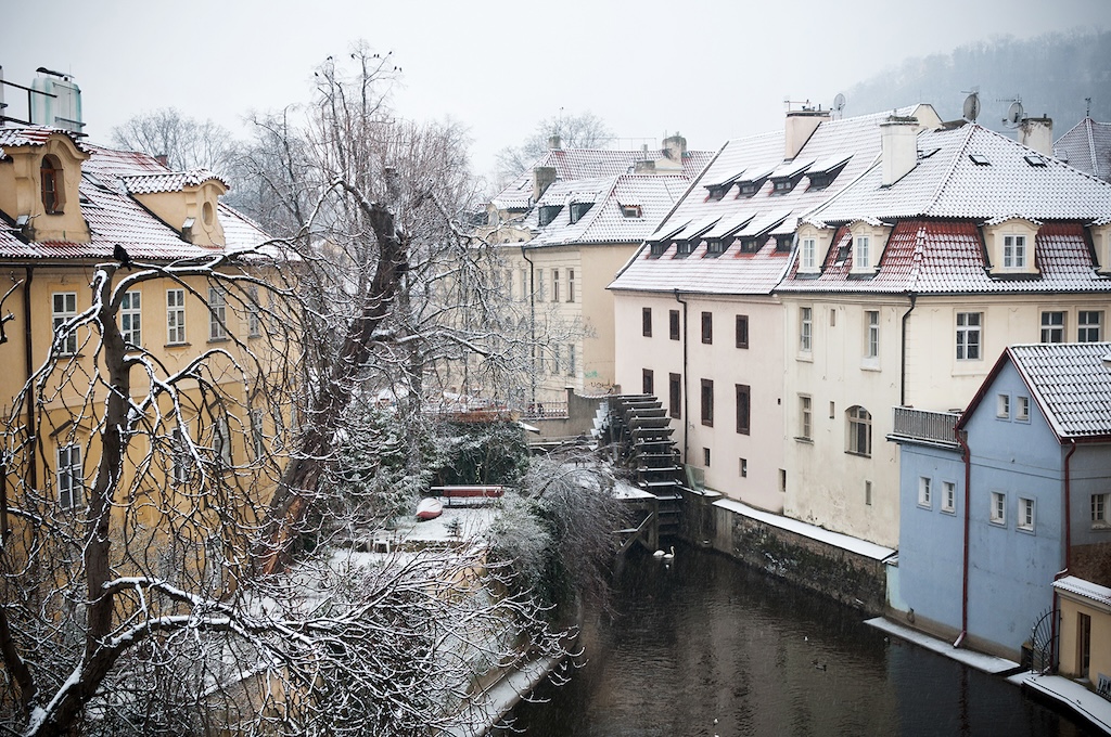 the Certovka channel in Prague during winter
