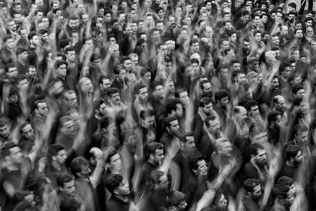 a black&white image of a crowd during the Velvet Revolution in Prague