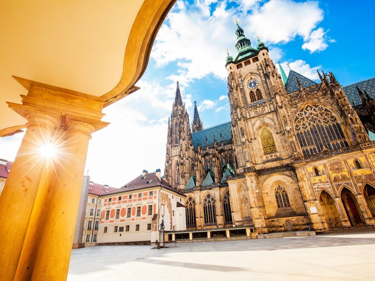 Panoramic view of St. Vitus Cathedral in Prague, Czech Republic. Wide-angle photo