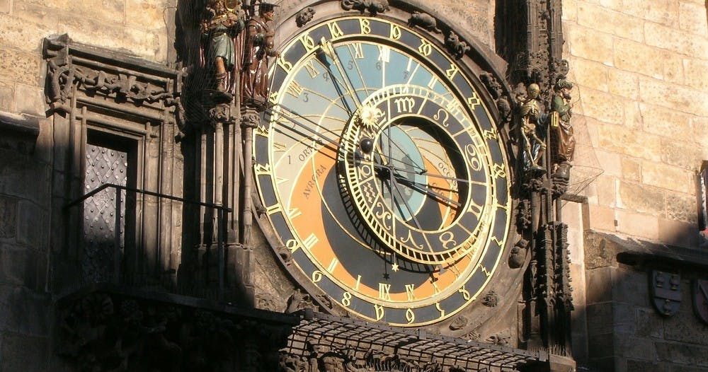 a close-up of the magnificent Astronomical Clock located in the Old Town Square in Prague