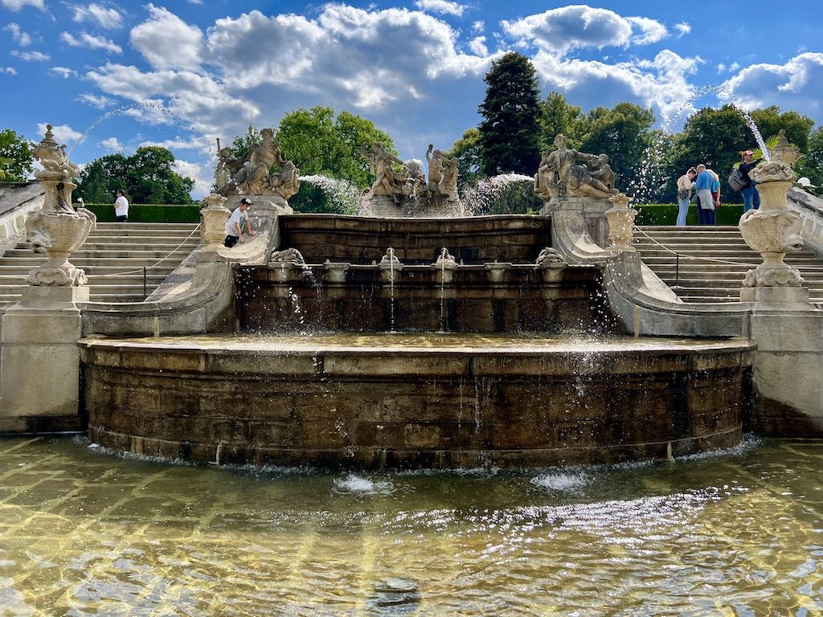 a historic fountain inside the Royal Gardens in Cesky Krumlov